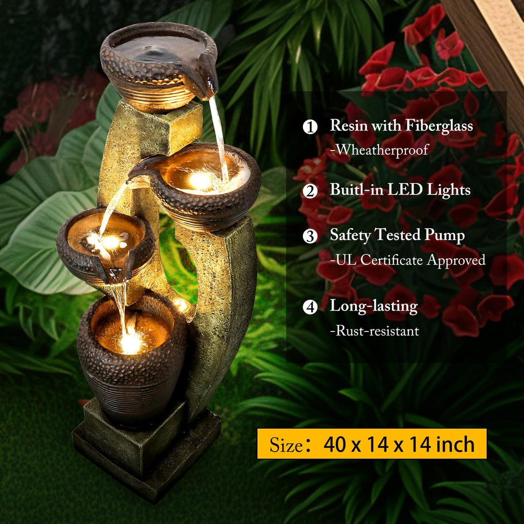 40' H Modern Outdoor Fountain - 4 Crocks Outdoor Garden Fountains with Contemporary Design for Garden, Patio, Deck, Porch, Backyard and Home Art Decor