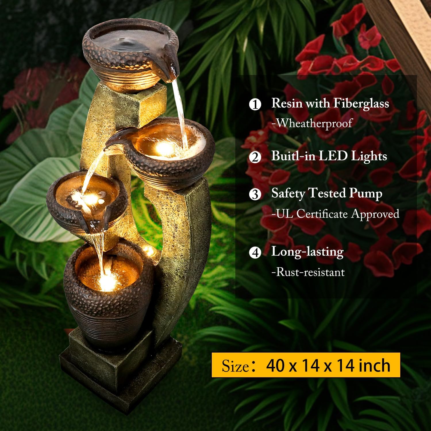 40' H Modern Outdoor Fountain - 4 Crocks Outdoor Garden Fountains with Contemporary Design for Garden, Patio, Deck, Porch, Backyard and Home Art Decor