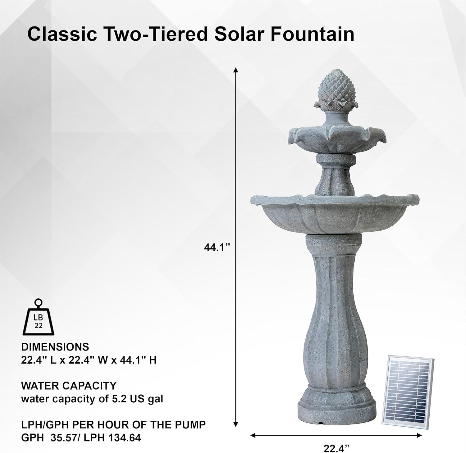 XBrand 44' Tall White Fiberglass/Resin 2-Tiered Solar Water Fountain w/Solar Panel and Auto-Shut Off Pump for Home Garden Yard Decor