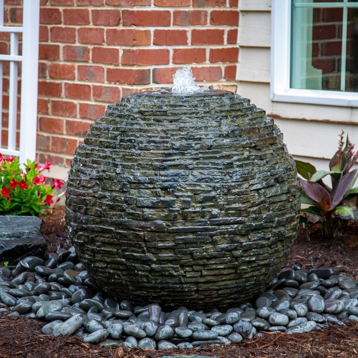 Aquascape Stacked Slate Sphere Fountain, 24 Inch Diameter 61 cm, Lightweight Fiber-Resin Composite Decorative Water Feature, Includes Tubing for Easy Setup, 78287