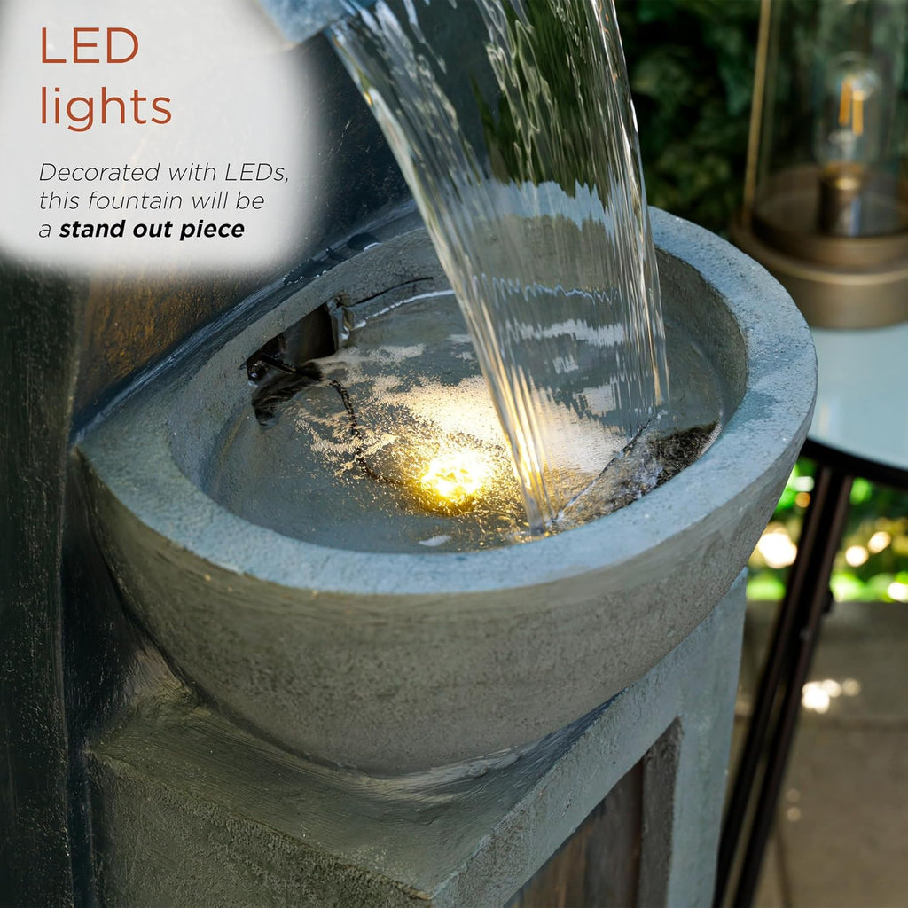 Alpine Corporation 41' Tall Outdoor Basin Waterfall Floor Fountain with LED Lights for Garden, Patio, Lawn and Backyard Decor, Gray