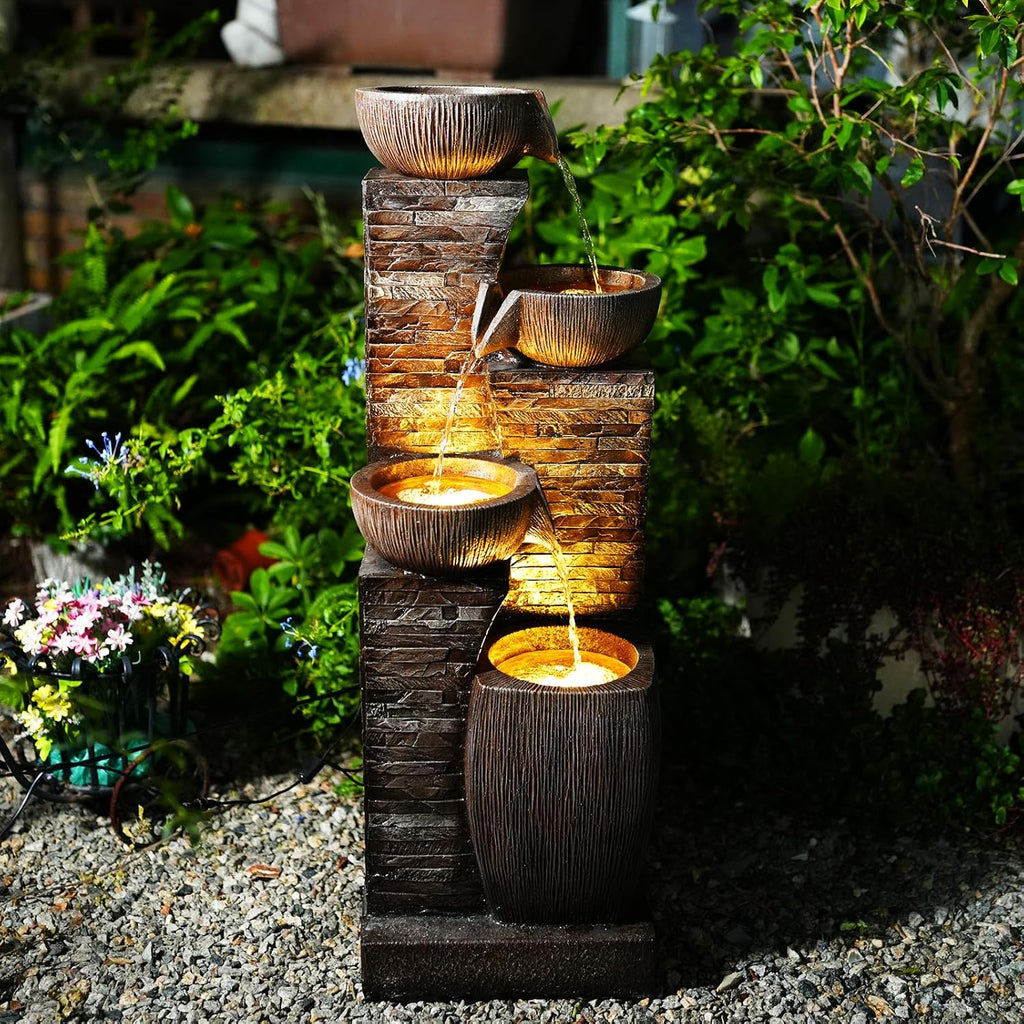 38.2' Tall Outdoor Water Fountain,Stone Texture Modern 4 Tiers Cascading Bowls Garden Fountains Outdoor,Suit for Patio, Deck, Porch, Lawns, Backyard and Home Art Decor