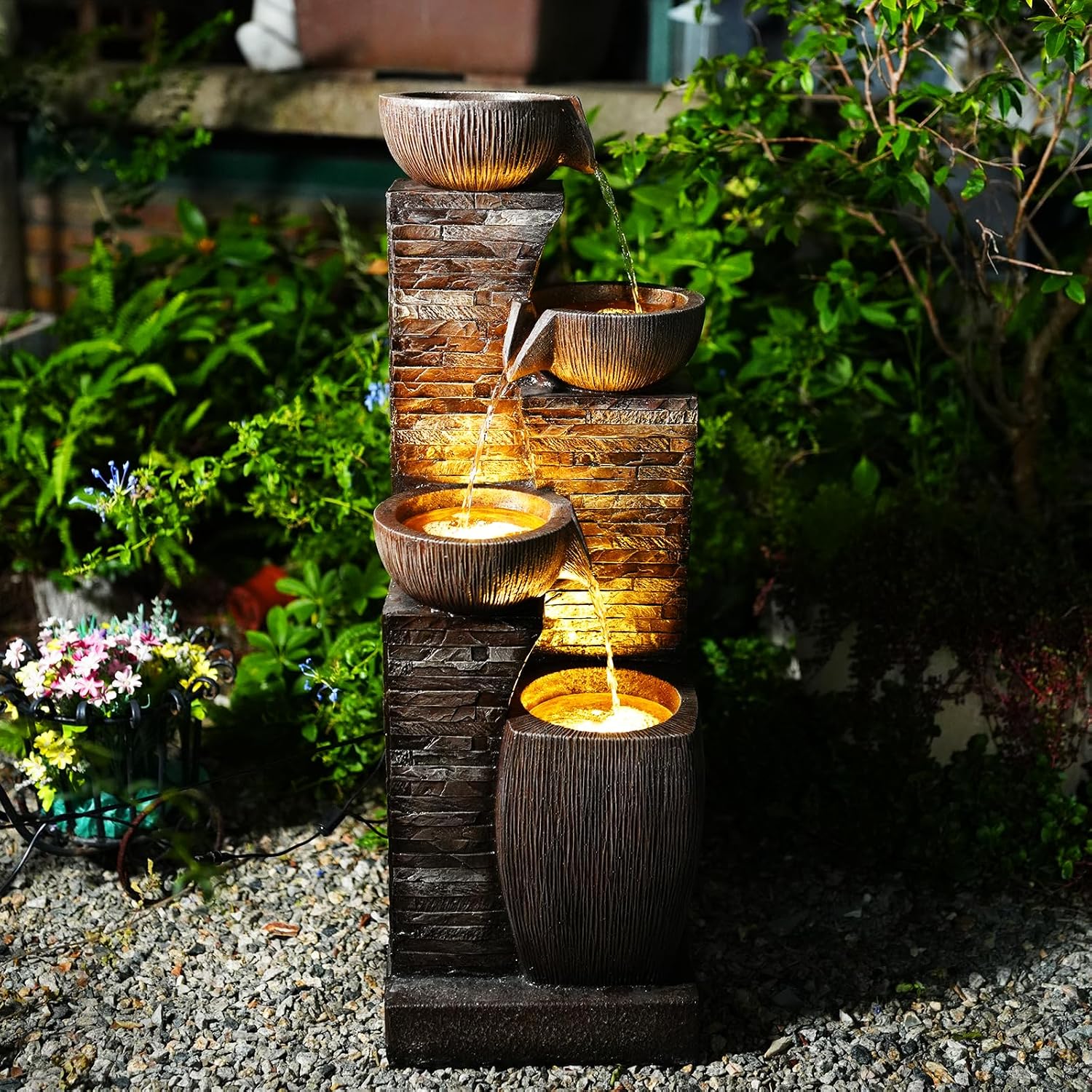 38.2' Tall Outdoor Water Fountain,Stone Texture Modern 4 Tiers Cascading Bowls Garden Fountains Outdoor,Suit for Patio, Deck, Porch, Lawns, Backyard and Home Art Decor
