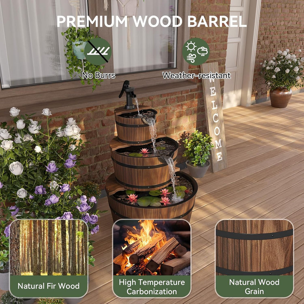 Aoxun 3-Tier Outdoor Water Fountain, Wood Barrel Cascading with Electric Decorative Hand Pump, Rustic Waterfall Fountain for Garden, Backyard, Patio, Porch, Yard
