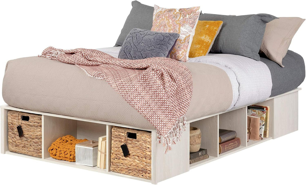 South Shore Avilla Full Storage Bed with Baskets, Double, Winter Oak and Rattan