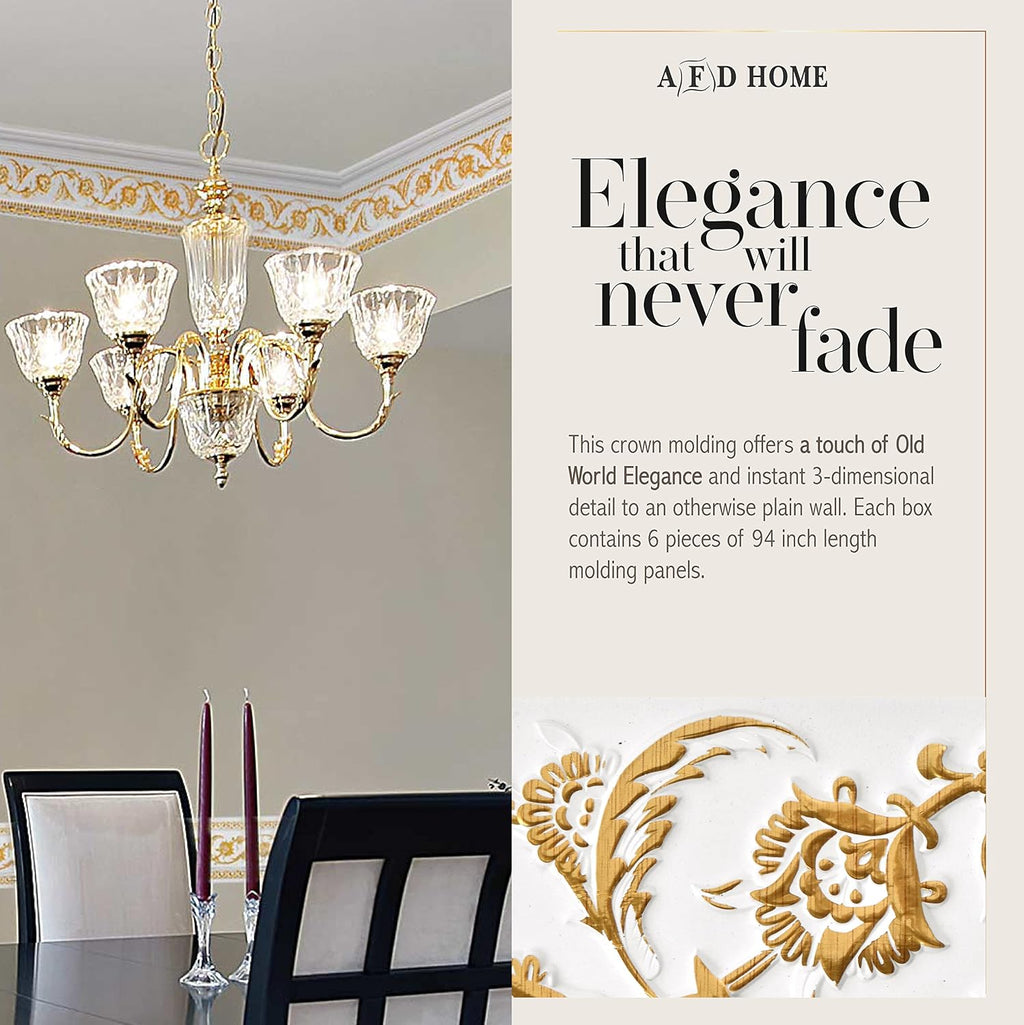 6-Piece Crown Molding Crown Decor Set, Molding Trim for Walls, 94 Inches, Gold Floral on French White