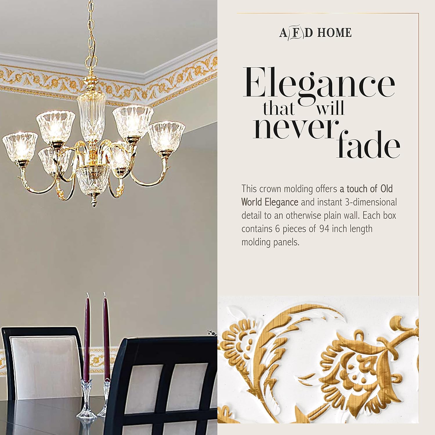 6-Piece Crown Molding Crown Decor Set, Molding Trim for Walls, 94 Inches, Gold Floral on French White