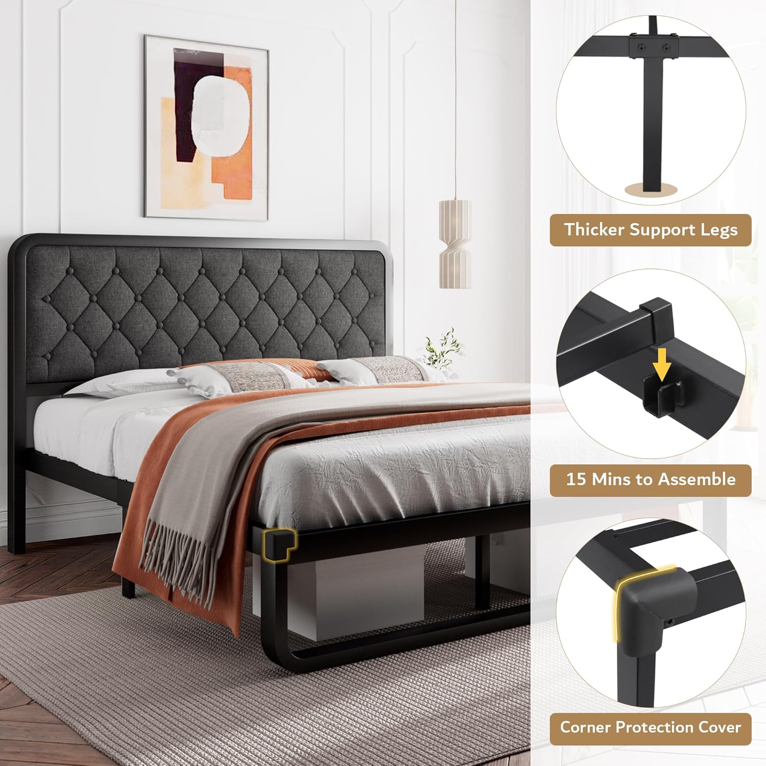 iPormis Queen Bed Frame with Headboard Faux Leather Upholstered Bed Frame Platform, All Metal Slats Support Platform Bed Frame with 12' Under Bed Space, Noise Free, No Box Spring Needed, Dark Grey