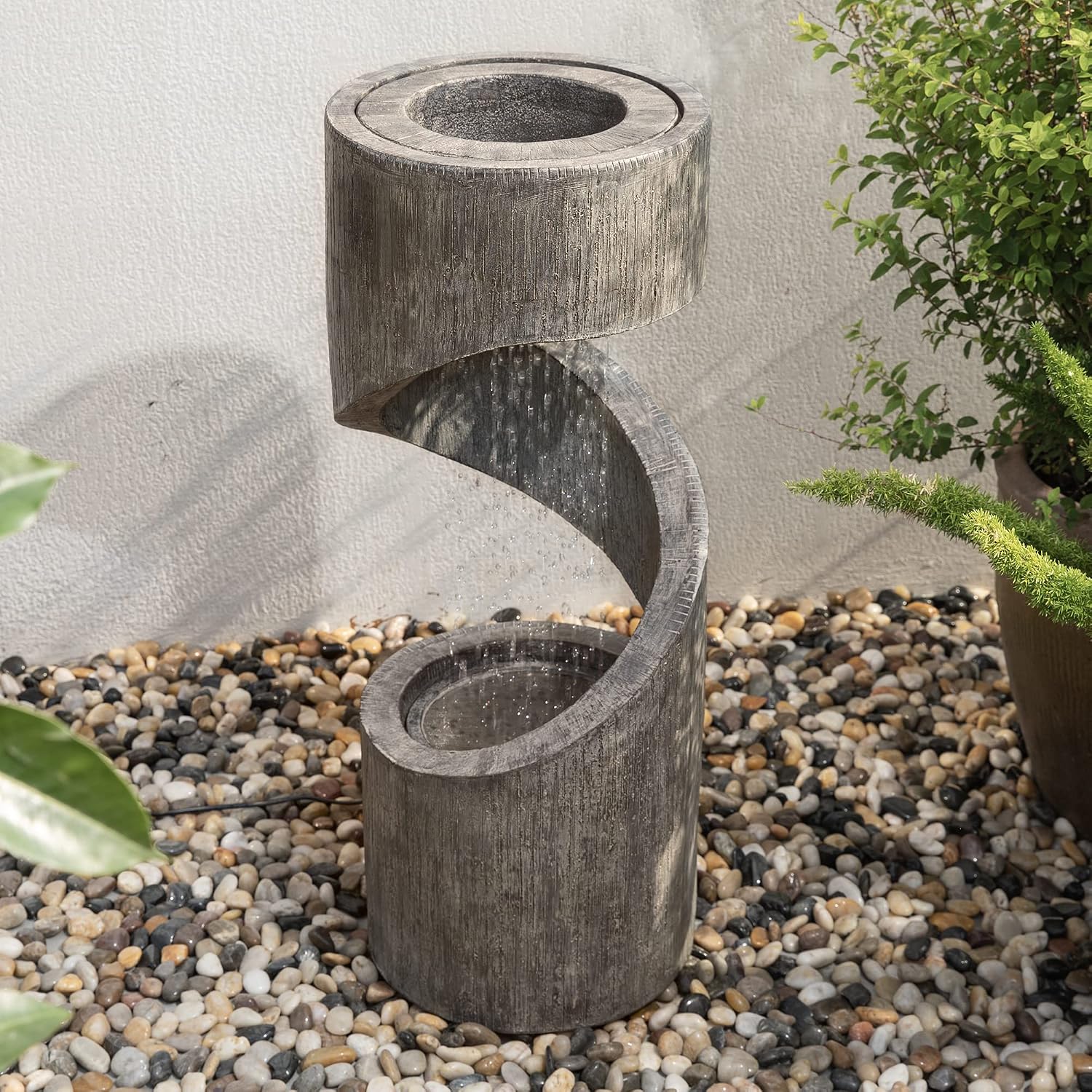Glitzhome Outdoor Water Fountain with LED Light, Spiral Outdoor Fountain Waterfall with Stone Planter, Modern Curved Freestanding Fountain Water Feature for Garden Patio Backyard, 31.3' H