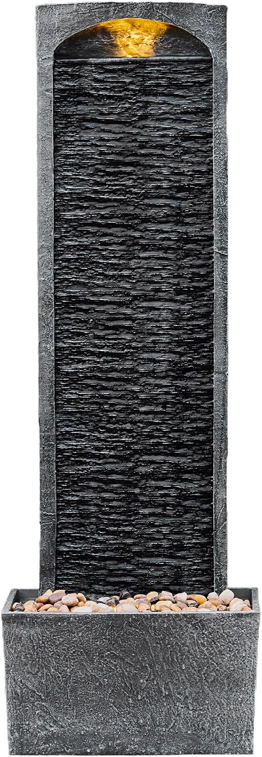 Teamson Home 38.5' Faux Slate Contemporary Outdoor LED Waterfall Fountain with Pebble Base, Gray/Black