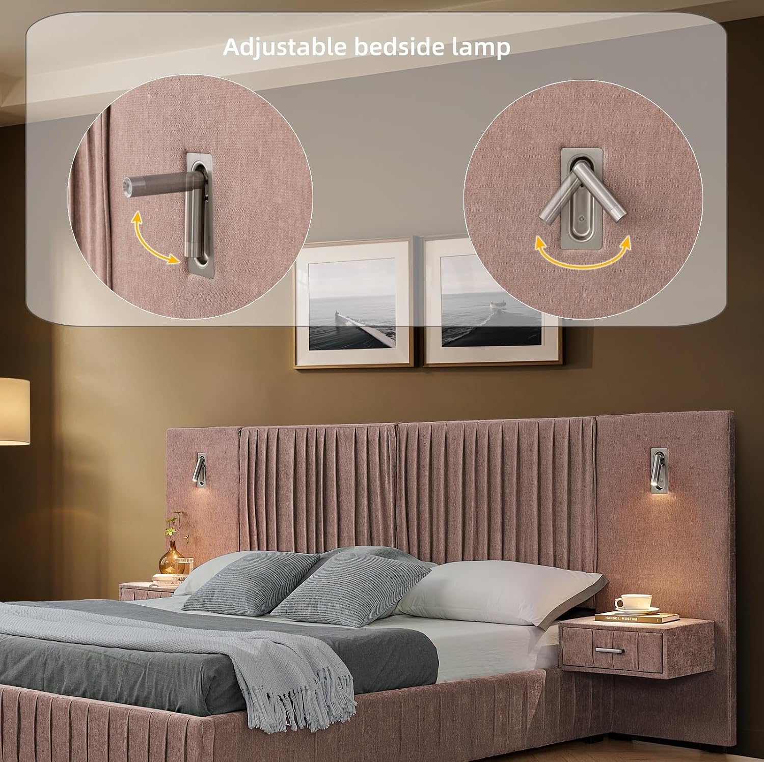 KEIKI Queen Size Chenille Bed Frame with 2 Nightstands, Lamps & Oversize Headboard, Solid Wood Frame Platform Night Stand Bedroom Set, Upholstered Floor Grounded Bed, No Box Spring Needed, Pink