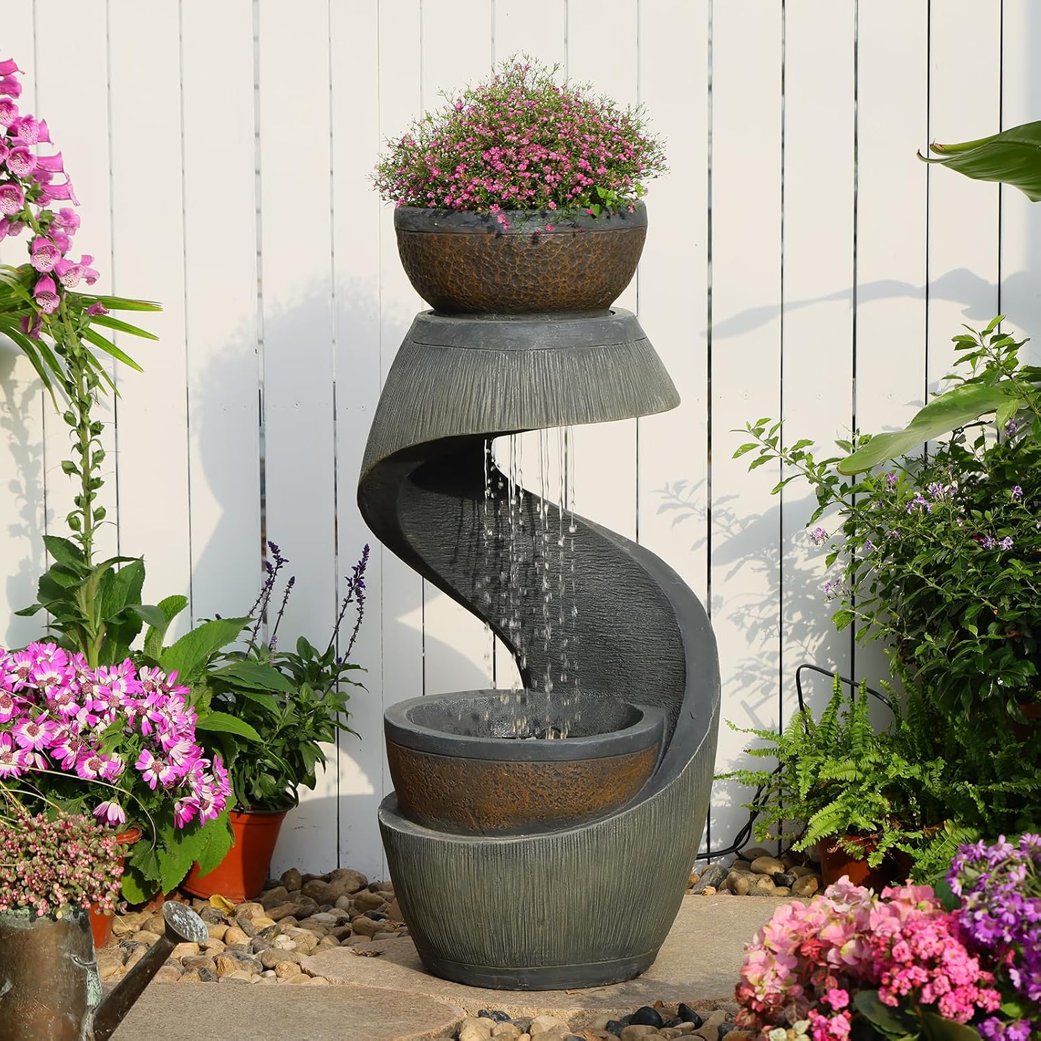 Outdoor Water Feature Patio Fountain with LED Lights, 31.9' Resin Garden Waterfall Fountain Outdoor, Modern S-Shaped Bowl Design Water Feature for Porch, Garden, Yard, Home Decor, Grey