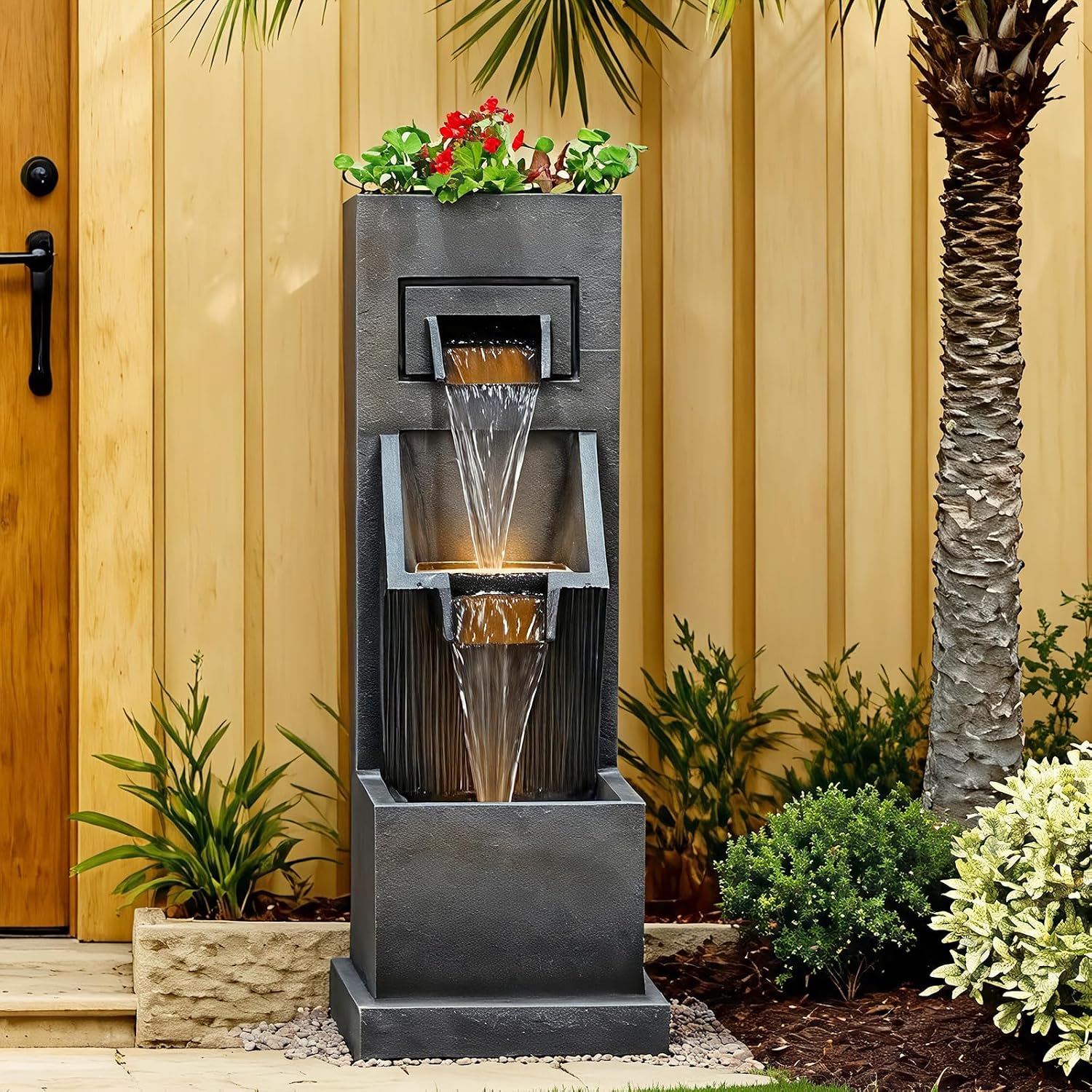 Sunlinua 35H Modern Outdoor Water Fountain with 3-Tiers Cascading Waterfall Feature for Indoor or Outdoor Cascading Waterfall for Relaxing Garden Patio Backyard Deck Porch or Home Décor