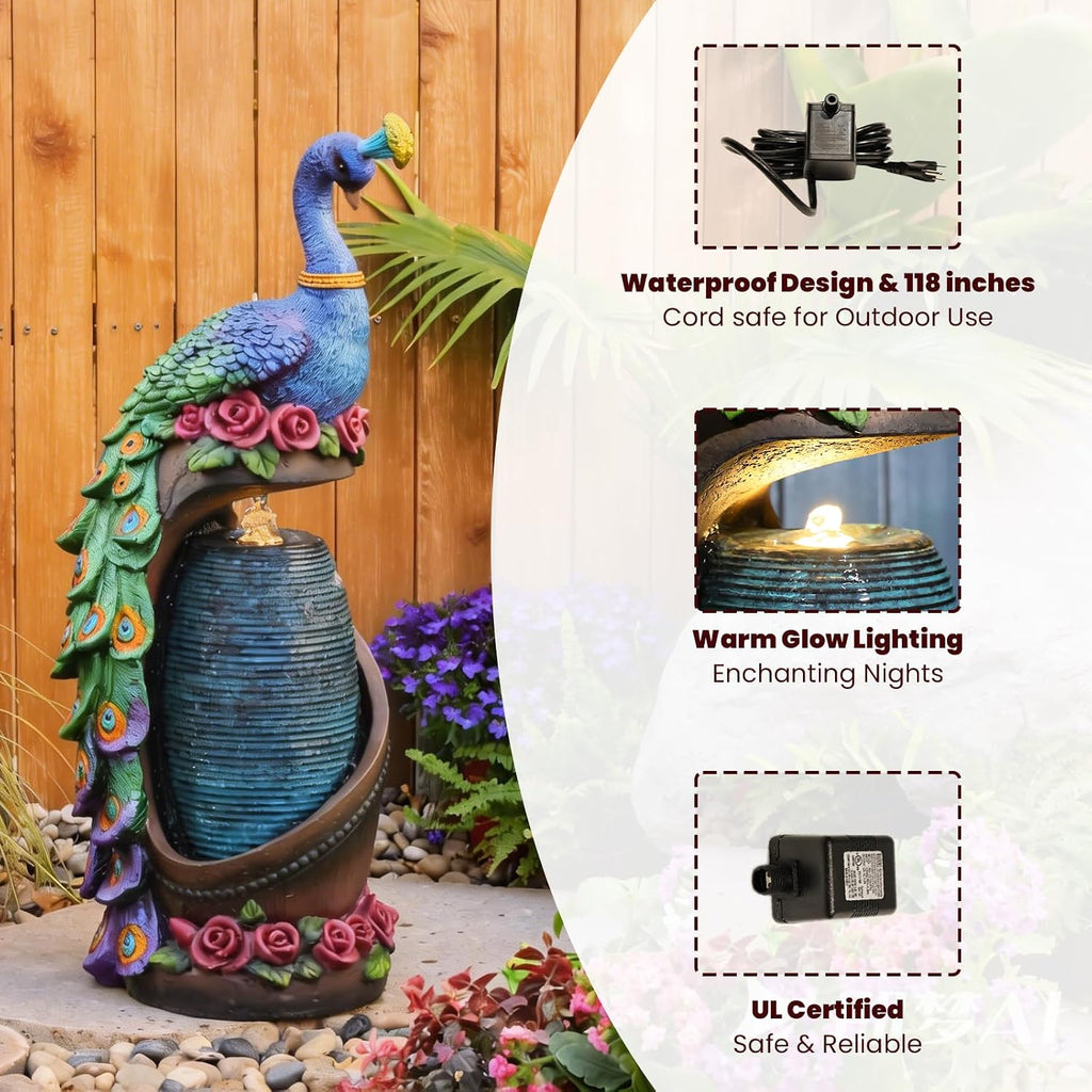 Tankana 32' Peacock Sculpture Waterfall Fountain Indoor with LED Lights, Artistic Colorful Bird Sculpture Waterfall for Living Room, Entryway & Home Office Decor