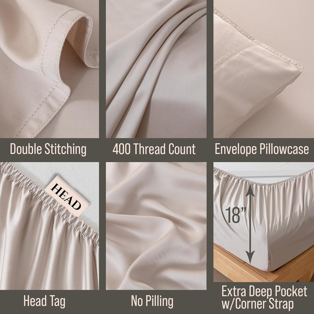 Bella Coterie 6 Piece Luxury Bamboo Viscose Queen Size Sheet Set | 100% Organically Grown | Cooling for Hot Sleepers | 18' Deep Pocket | Soft & Hypoallergenic | 4 Pillowcases [Dune]