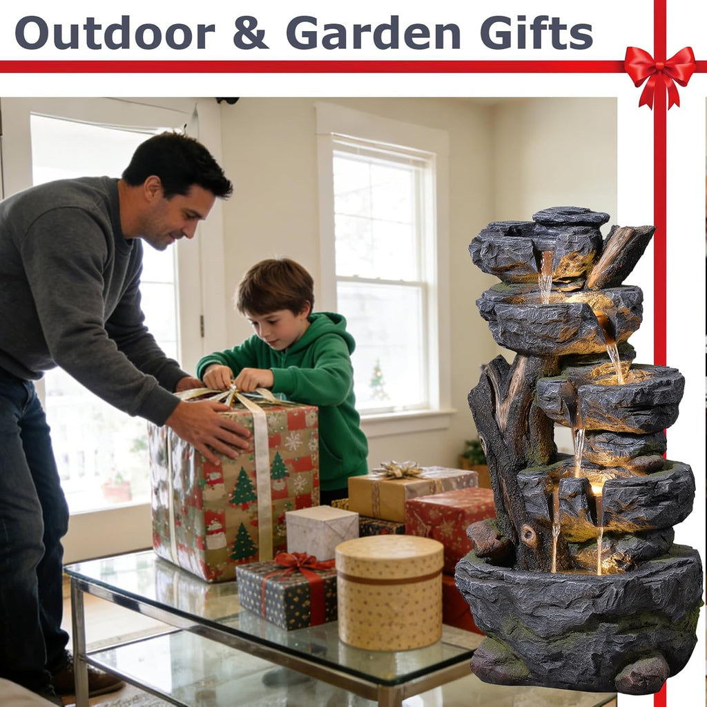 47.2' Tall Outdoor Water Fountain 5-Tier Large Cascading Waterfall Fountain Realistic Rock & Tree Trunk Design with LED Lights, Relaxing Water Flow for Garden, Patio, Backyard & Porch Decor