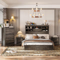 4-Piece Bedroom Furniture Sets, Wooden Queen Size Platform Bed Frame with Storage Headboard and Charging Station, 2 Nightstands with 2 Drawers, 1 Dresser with 5 Drawers (Antique Gray-01)