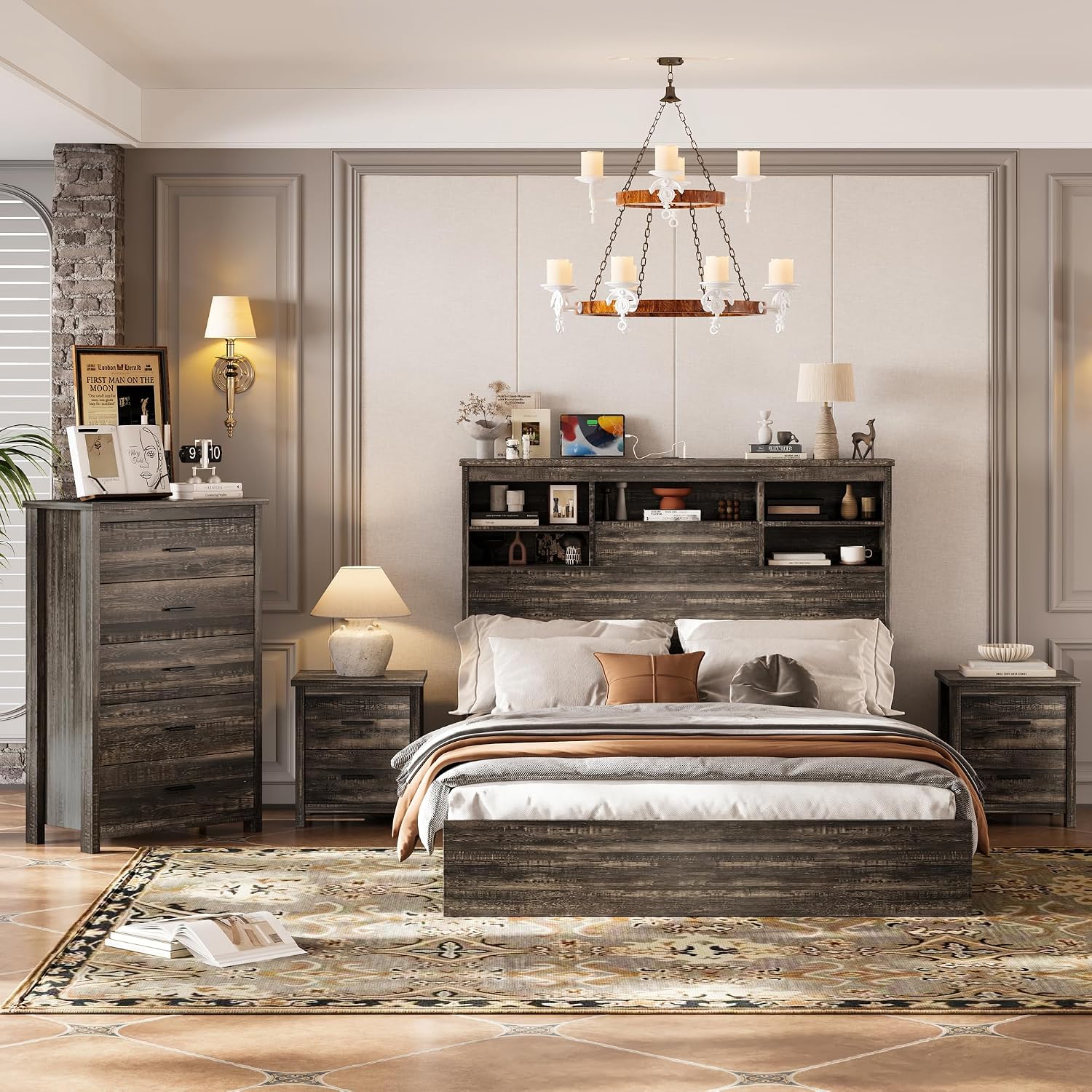 4-Piece Bedroom Furniture Sets, Wooden Queen Size Platform Bed Frame with Storage Headboard and Charging Station, 2 Nightstands with 2 Drawers, 1 Dresser with 5 Drawers (Antique Gray-01)