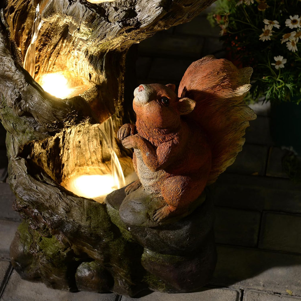 Tankana 30.5' H Squirrel Outdoor Water Fountain, Rustic Tree Stump Cascading Waterfall with LED Lights, Animal Water Feature for Patio, Yard, Porch and Deck Decor, Sculpture Resin Floor Fountain