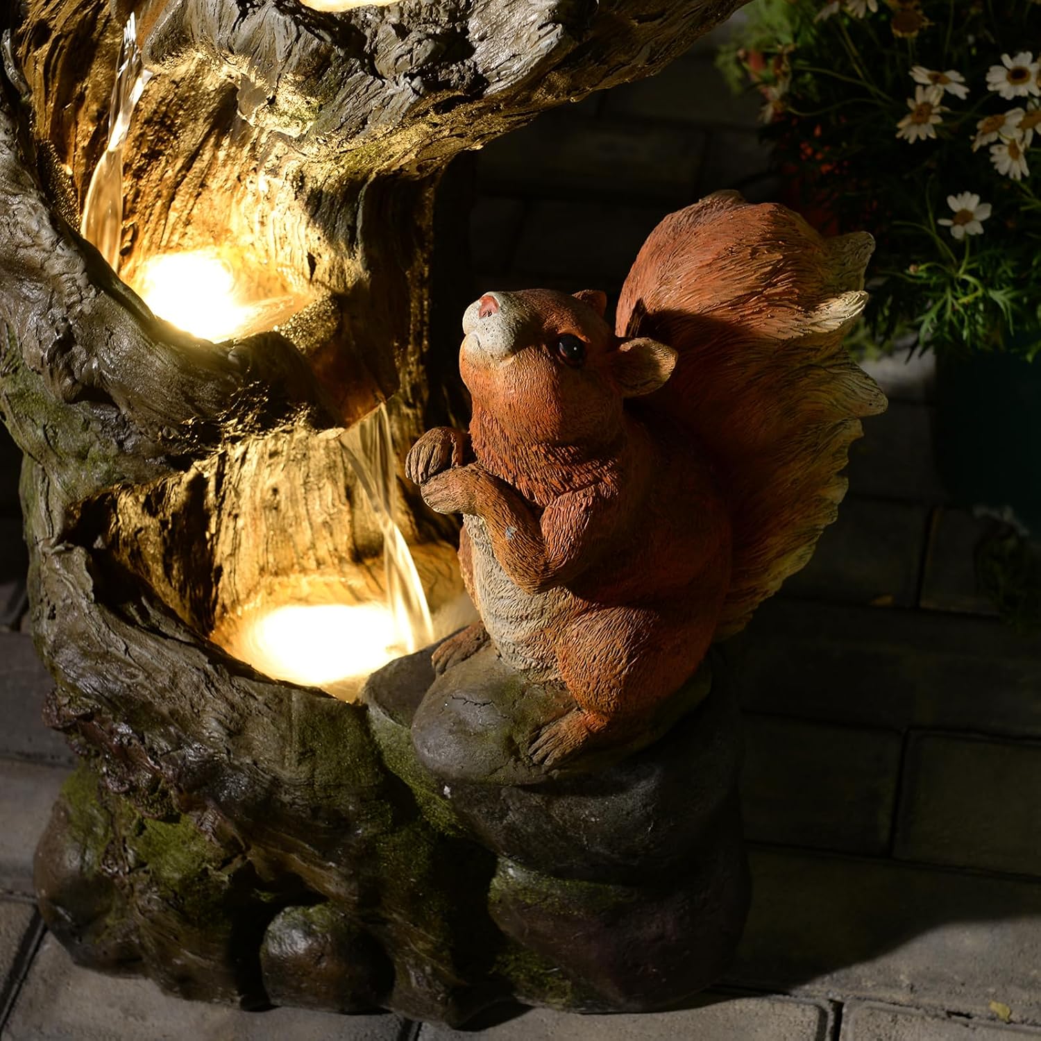 Tankana 30.5' H Squirrel Outdoor Water Fountain, Rustic Tree Stump Cascading Waterfall with LED Lights, Animal Water Feature for Patio, Yard, Porch and Deck Decor, Sculpture Resin Floor Fountain