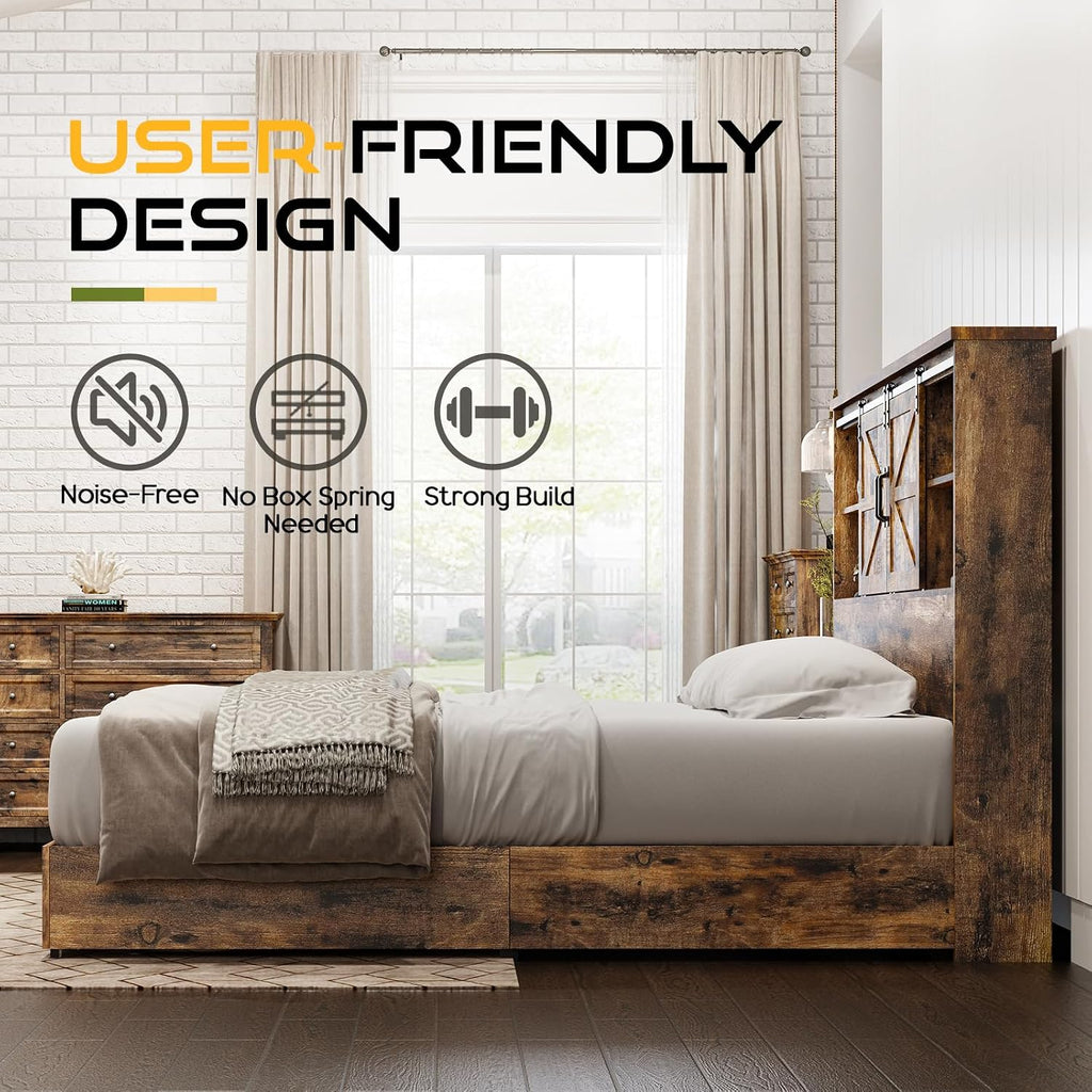 HOWE Farmhouse Queen Size Bed Frame with 51.2' Bookcase Headboard, Wooden Platform Bed with 2 Drawers, Sliding Barn Door Dec, Storage Bed with Charging Station, No Box Spring Needed, Rustic Brown