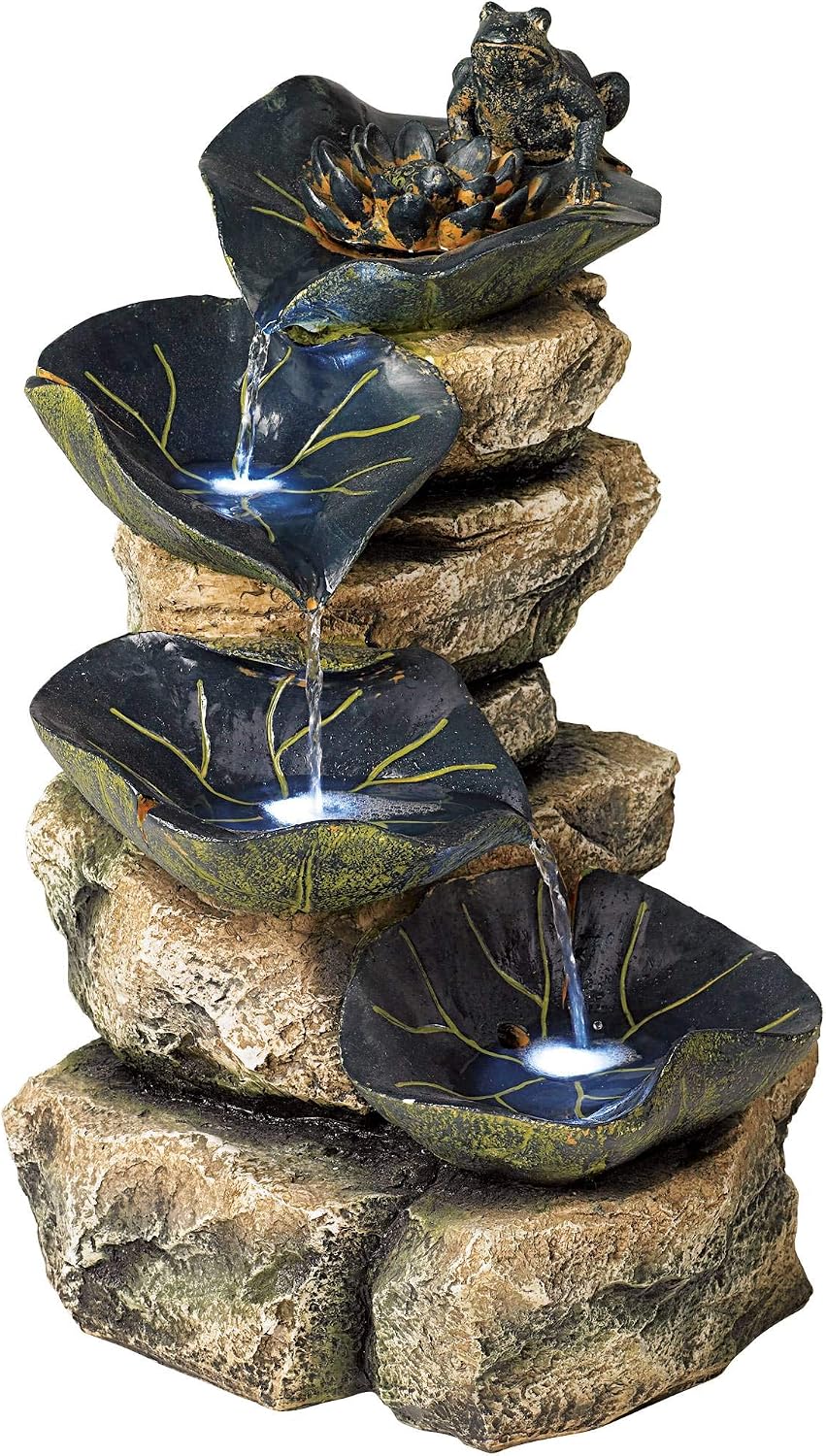 Frog and Four Lily Pad 21' High Large Rustic Indoor Outdoor Cottage Core Decor Faux Stone Floor Fountain with Light LED Standing Waterfall Water Feature for Outside Garden Patio Yard - John Timberland