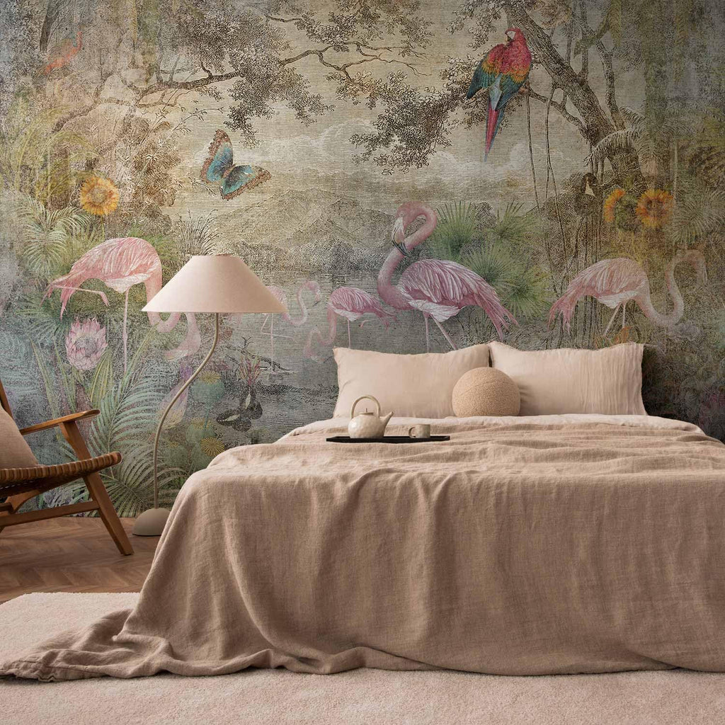 artgeist Premium Wall Mural Retro 177x124 in - XXL Non-Woven Wallpaper Fleece Wall Decor Photo Print Picture Image Abstract Vintage Flowers Animals Flamingo g-C-0392-a-a