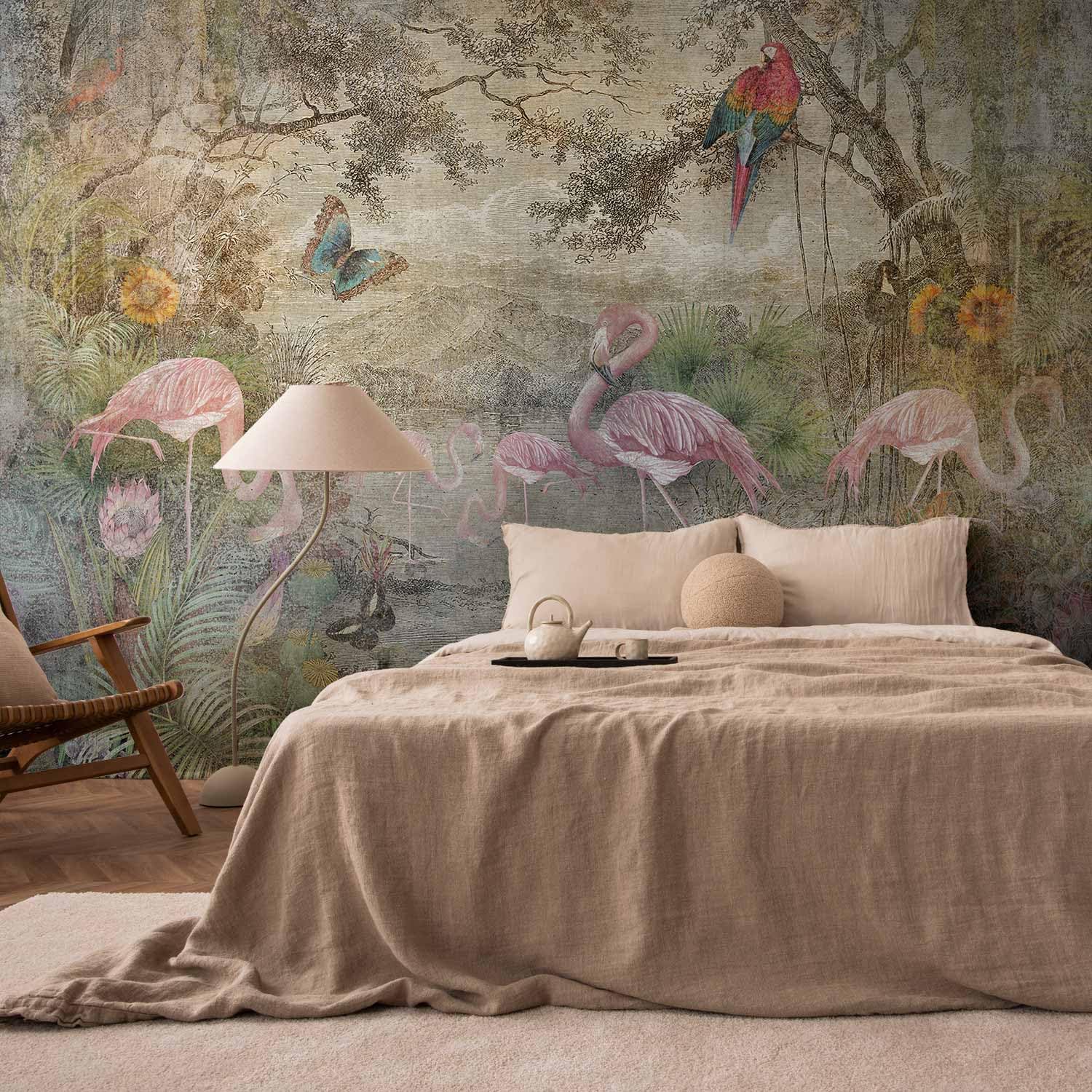 artgeist Premium Wall Mural Retro 177x124 in - XXL Non-Woven Wallpaper Fleece Wall Decor Photo Print Picture Image Abstract Vintage Flowers Animals Flamingo g-C-0392-a-a