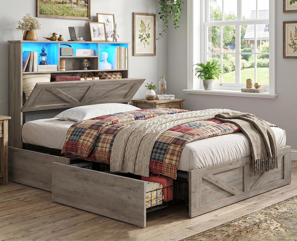 AOGLLATI Twin Bed with Storage Bookcase Headboard and 4 Drawers,Wooden Farmhouse Twin Bed Frame with Charging Station, Led Lights & Metal Slats,Grey
