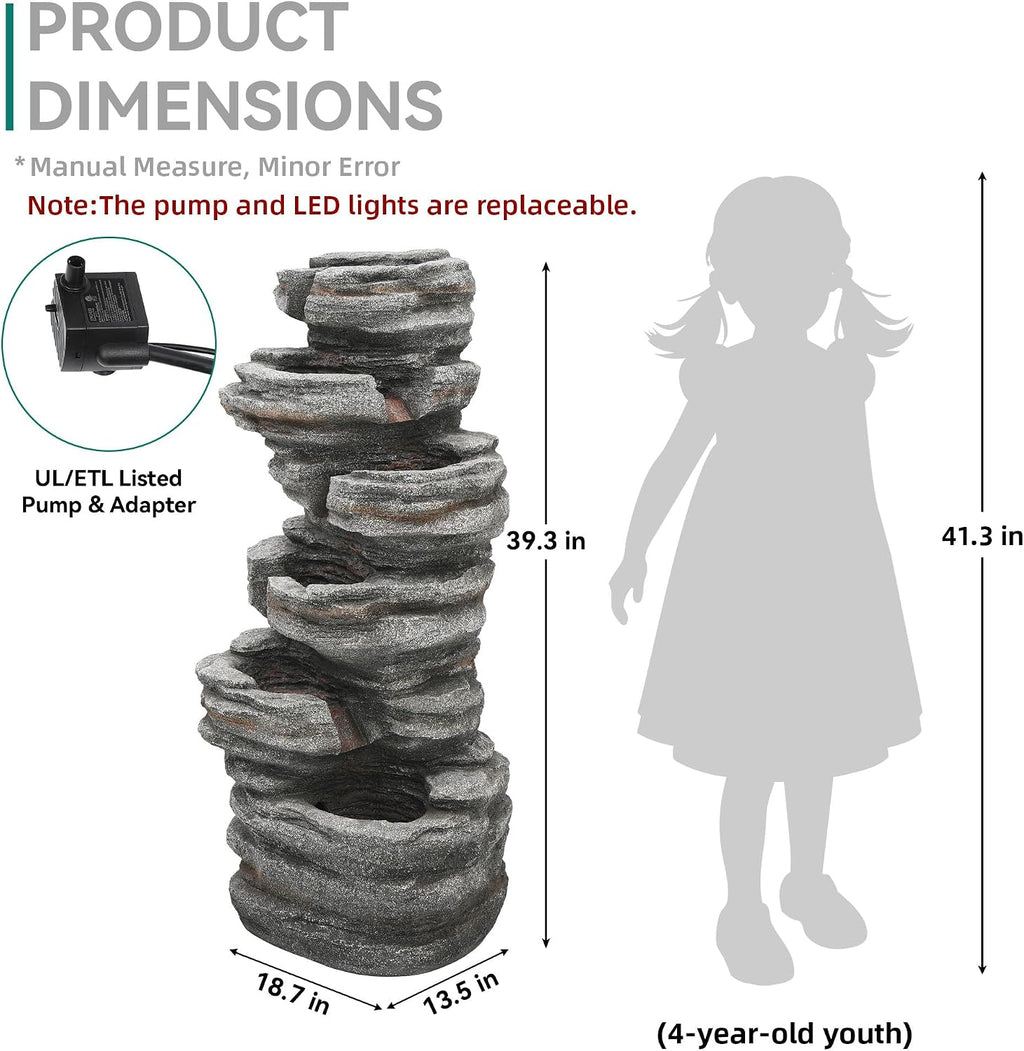 Extra-Large 6-Tier Outdoor Water Fountain with LED Lights, Cascading Rock Waterfall for Garden Patio Porch, Weather-Resistant Polyresin Water Feature for Tranquil Oasis