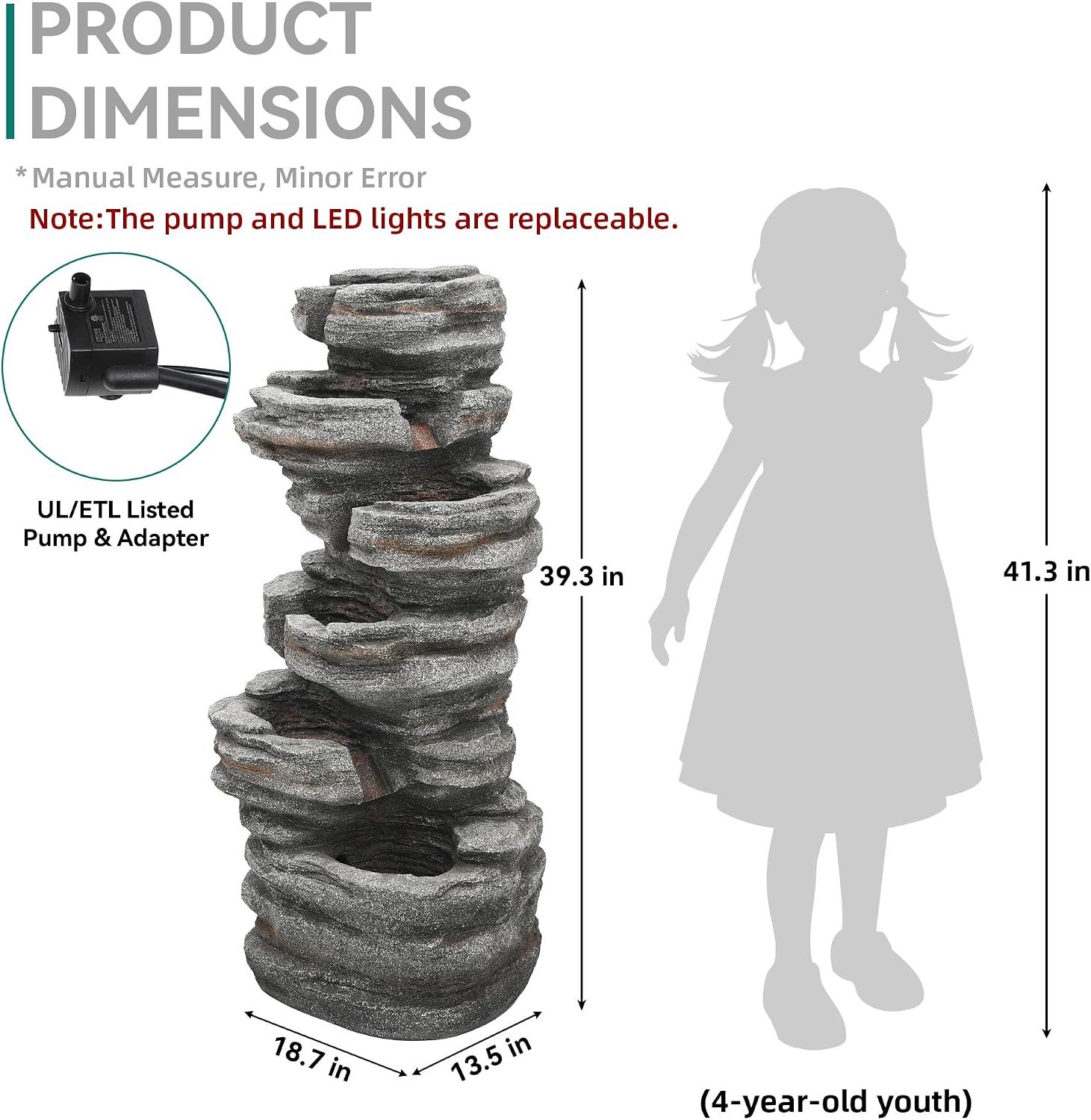 Extra-Large 6-Tier Outdoor Water Fountain with LED Lights, Cascading Rock Waterfall for Garden Patio Porch, Weather-Resistant Polyresin Water Feature for Tranquil Oasis