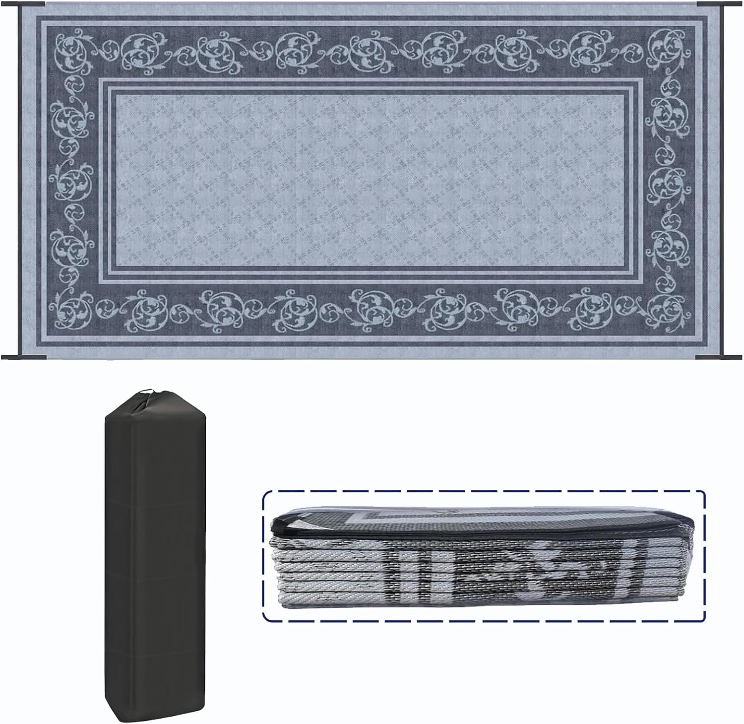 EEZ RV Products 9ft x 18ft Heavy Duty Reversible/Durable Outdoor Patio/RVing Camping Mats Come with Large Storage Bag & 6 Sets of Stakes and Washer, Vine Grey