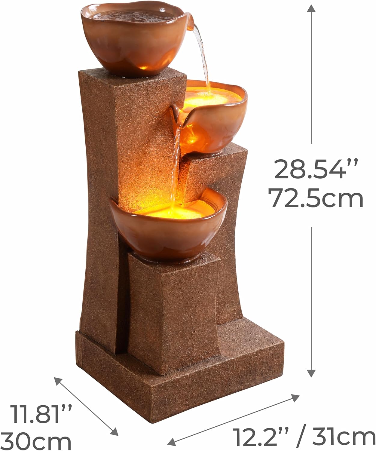 Teamson Home 28.54 in. 3-Tier Cascading Outdoor Water Fountain with LED Lights for Gardens, Landscaping, Patios, Balconies, Lawns, Brown
