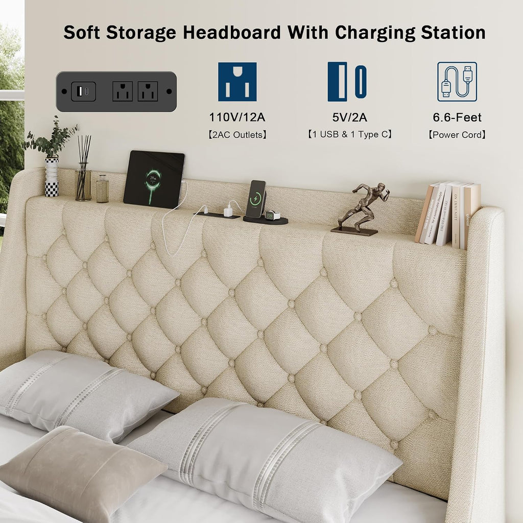 GalnFu Queen Bed Frame with 4 Storage Drawers, Huge Upholstered Wingback Headboard, Fast Charging Station, No Box Spring Needed, Noise-Free, Beige