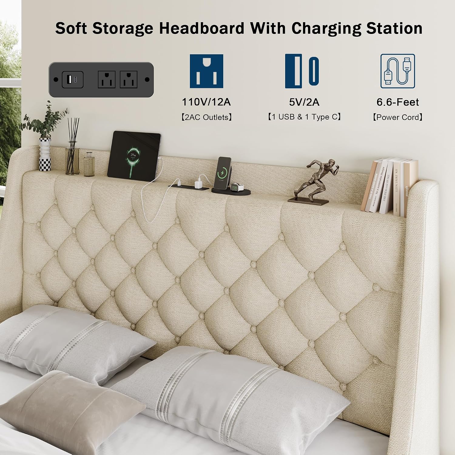 GalnFu Queen Bed Frame with 4 Storage Drawers, Huge Upholstered Wingback Headboard, Fast Charging Station, No Box Spring Needed, Noise-Free, Beige
