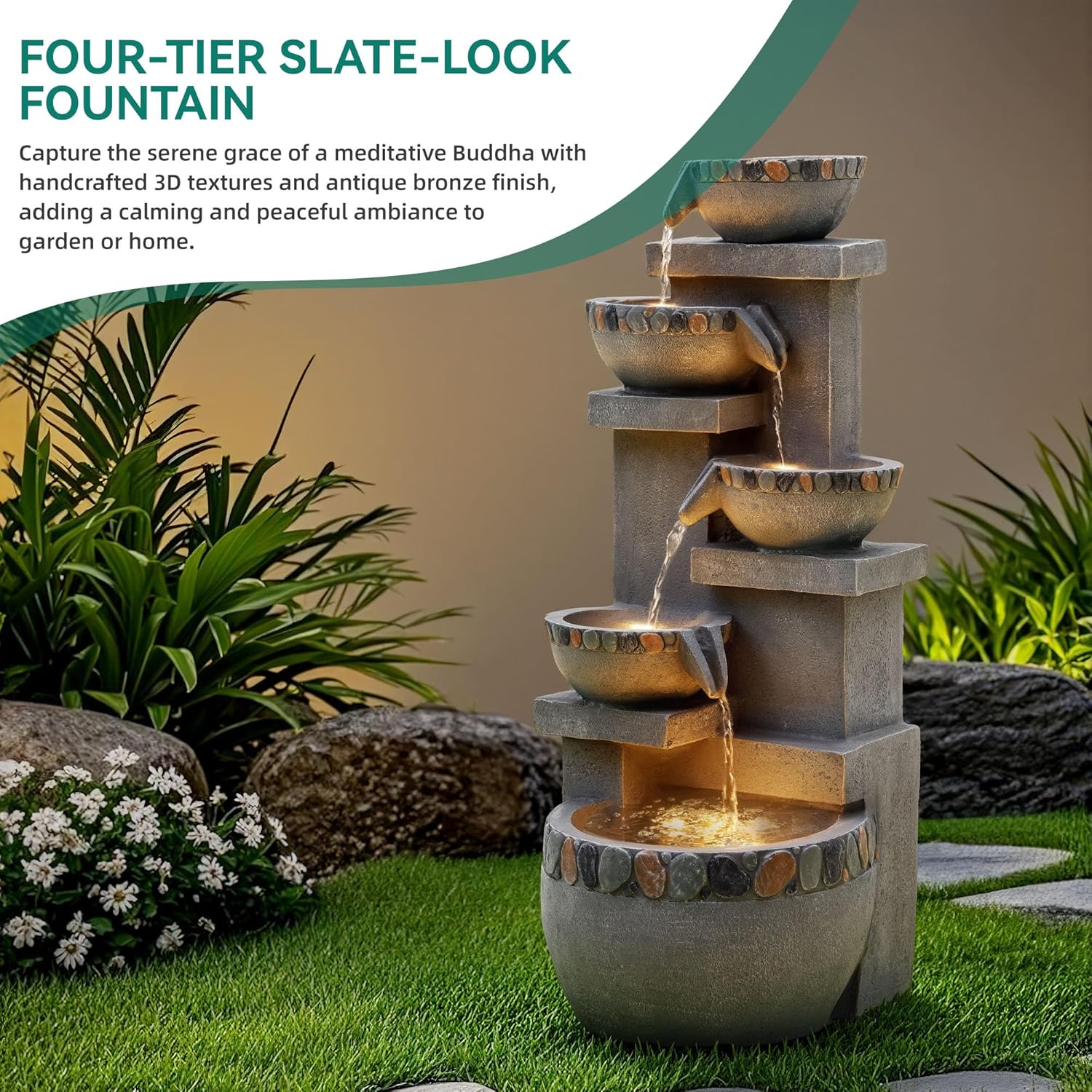 33' H 4-Tier Fountain Outdoor, Modern Resin Pebble Tabletop Water Feature Outdoor with LED Lights, Soothing Cascading Waterfall for Patio, Backyard, Garden or Porch