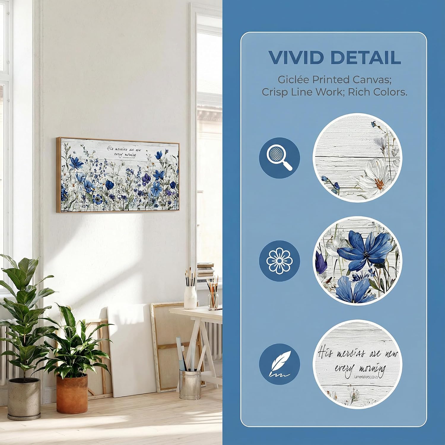 Tucai Decor Blue Floral Canvas Wall Art with Inspirational Quote, Farmhouse Style Living Room Bedroom Kitchen Wall Decor Large Format Framed Print Artwork Home Decoration