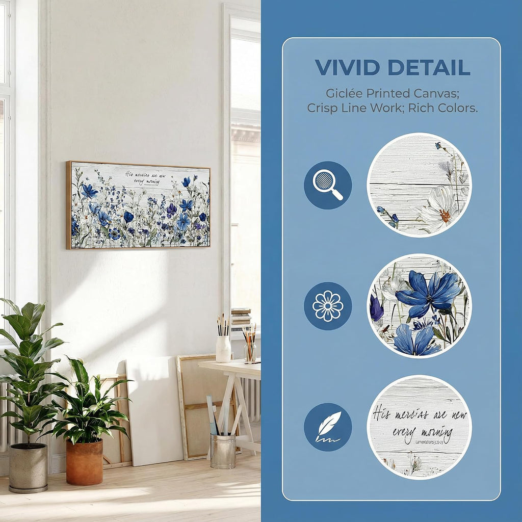 Tucai Decor Blue Floral Canvas Wall Art with Inspirational Quote Farmhouse Style Living Room Bedroom Kitchen Wall Decor Large Format Framed Print Artwork Home Decoration