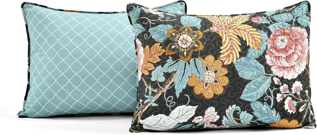 Lush Decor Sydney Reversible Cotton Quilt Set, 3 Piece Set, King, Black & Blue - Cotton Bedding Set - Black Floral Quilt - Cottage Decor - Bedding King Size