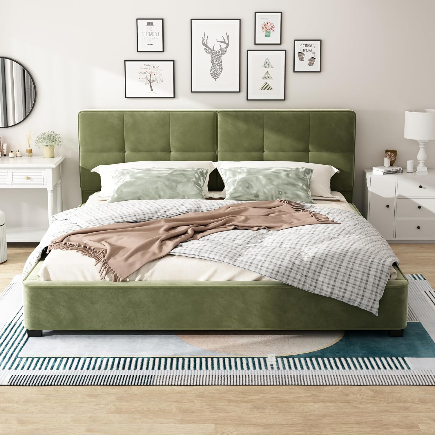 JIVOIT King Size Platform Bed, Velvet Upholstered Platform Bed with Curved Tufted Headboard, Soft Square Corners, Wood Slats Support, No Box Spring Needed