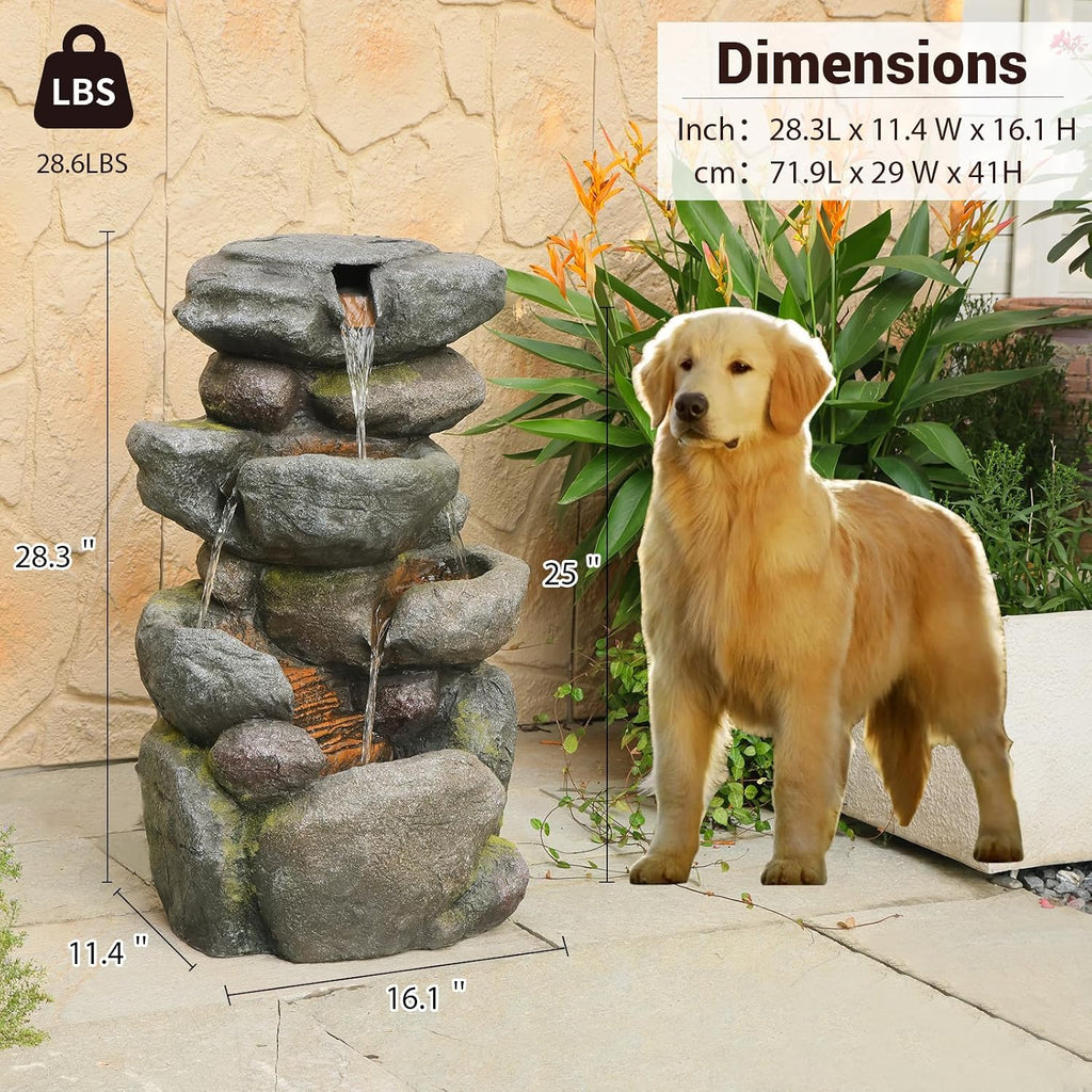 Sunlinua 28.6' H Outdoor Water Fountain with 4 Tiers Cascading Realistic Rock Waterfall Fountains with LED Lights Outdoor Water Fountain for Garden Patio Backyard Porch Home Decor
