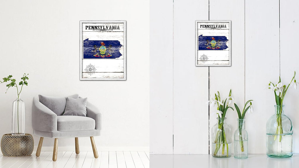 Pennsylvania State Map Flag Cottage Shabby Chic Gifts Home Decor Wall Art Canvas Print, White Wash Wood Frame, 28' x 37'