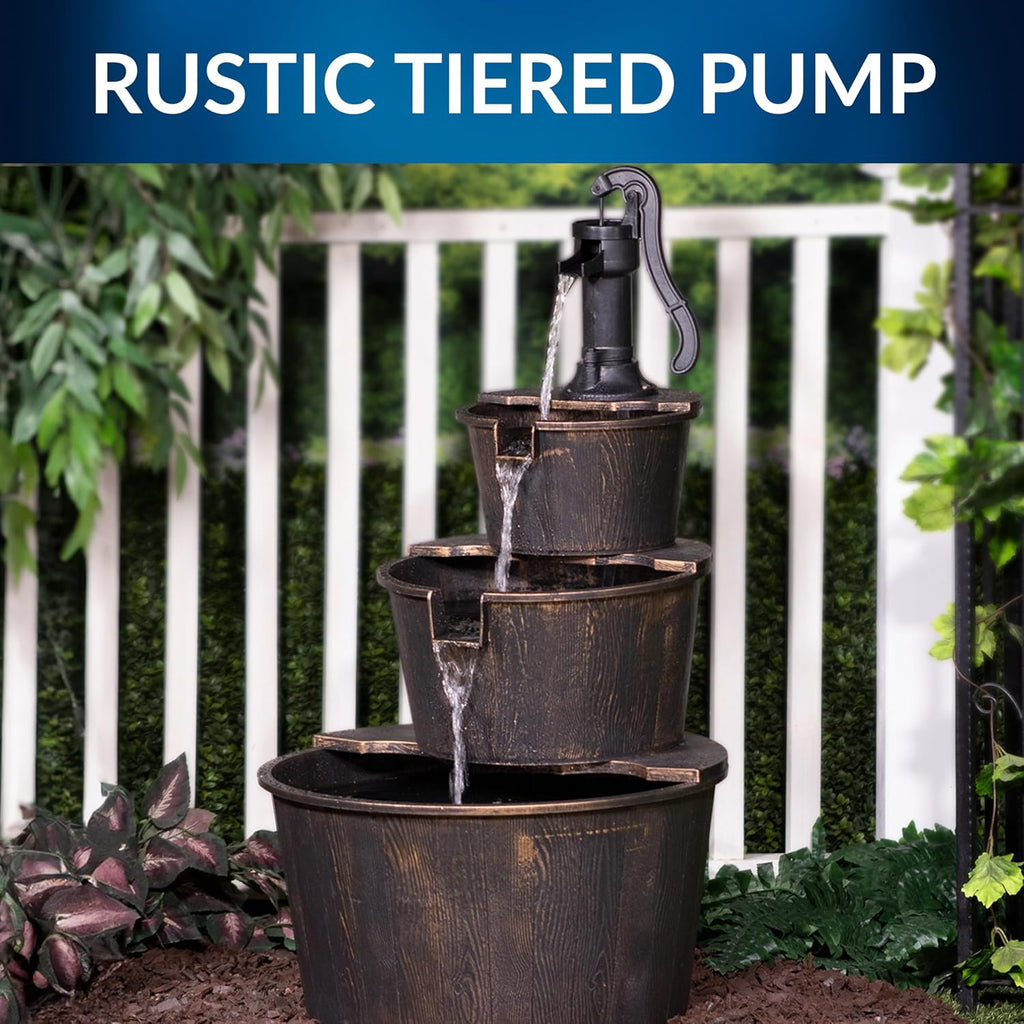 Alpine Corporation 40' Tall Outdoor Floor Tiered Rustic Pump and Barrel Water Fountain, Old-Fashioned Waterfall for Garden, Patio, Yard Decor, Dark Brown