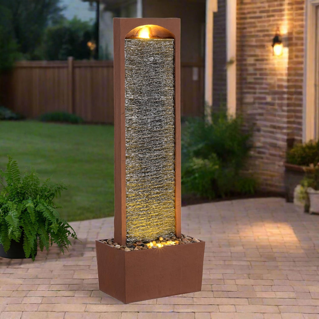 Teamson Home 38.5' Faux Slate Contemporary Outdoor LED Waterfall Fountain with Pebble Base, Red Rock