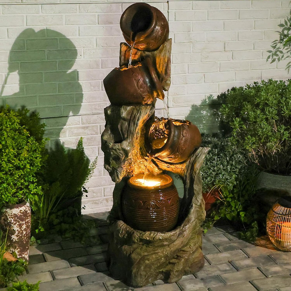 47' H Outdoor Water Fountain with LED Lights, 4-Tier Cascading Water Fountain for Indoor & Outdoor Use, Garden Patio Waterfall Fountain with Rustic Wood-Style Design for Porch, Backyard Décor
