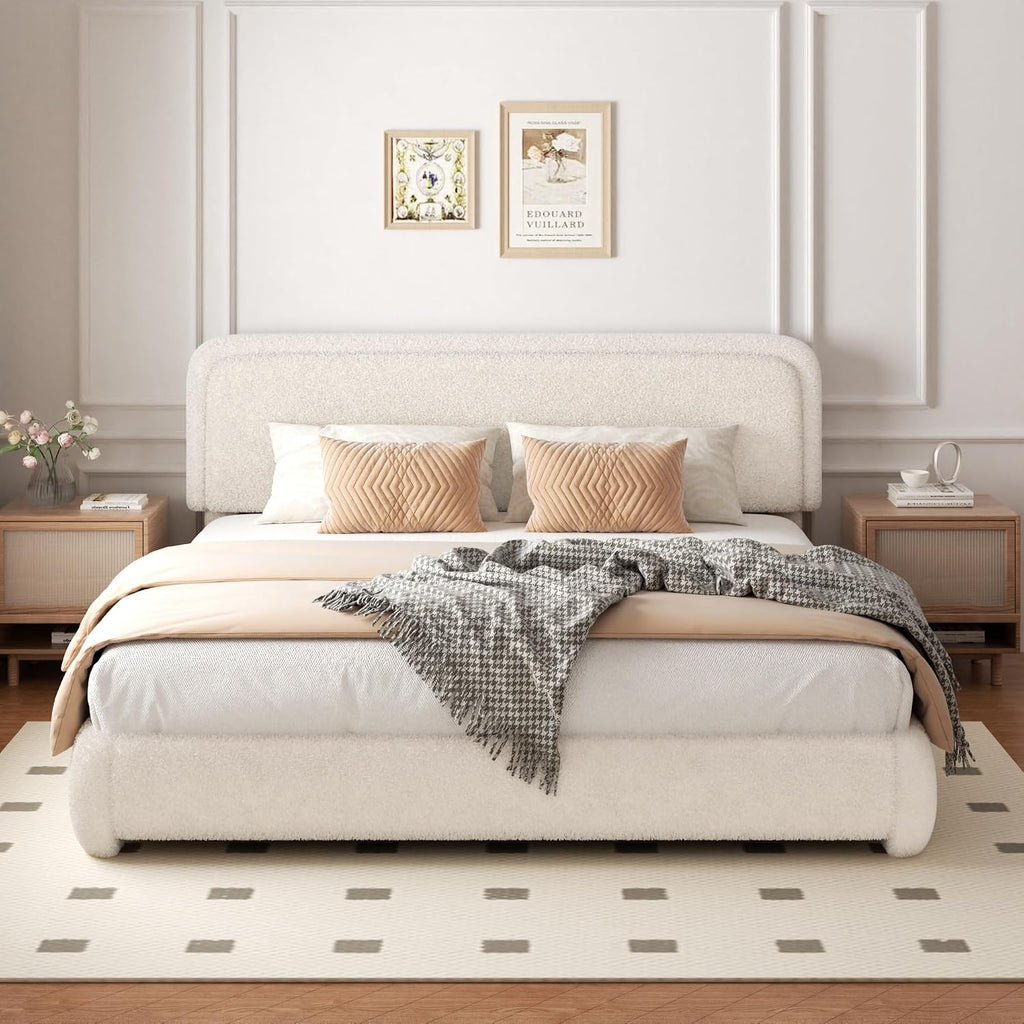 King Size Boucle Bed Frame with Adjustable Headboard, Upholstered Cloud Platform Bed, Anti-Collision Soft Rounded Corners, Noise Free, No Box Spring Needed, Easy Assembly, Beige