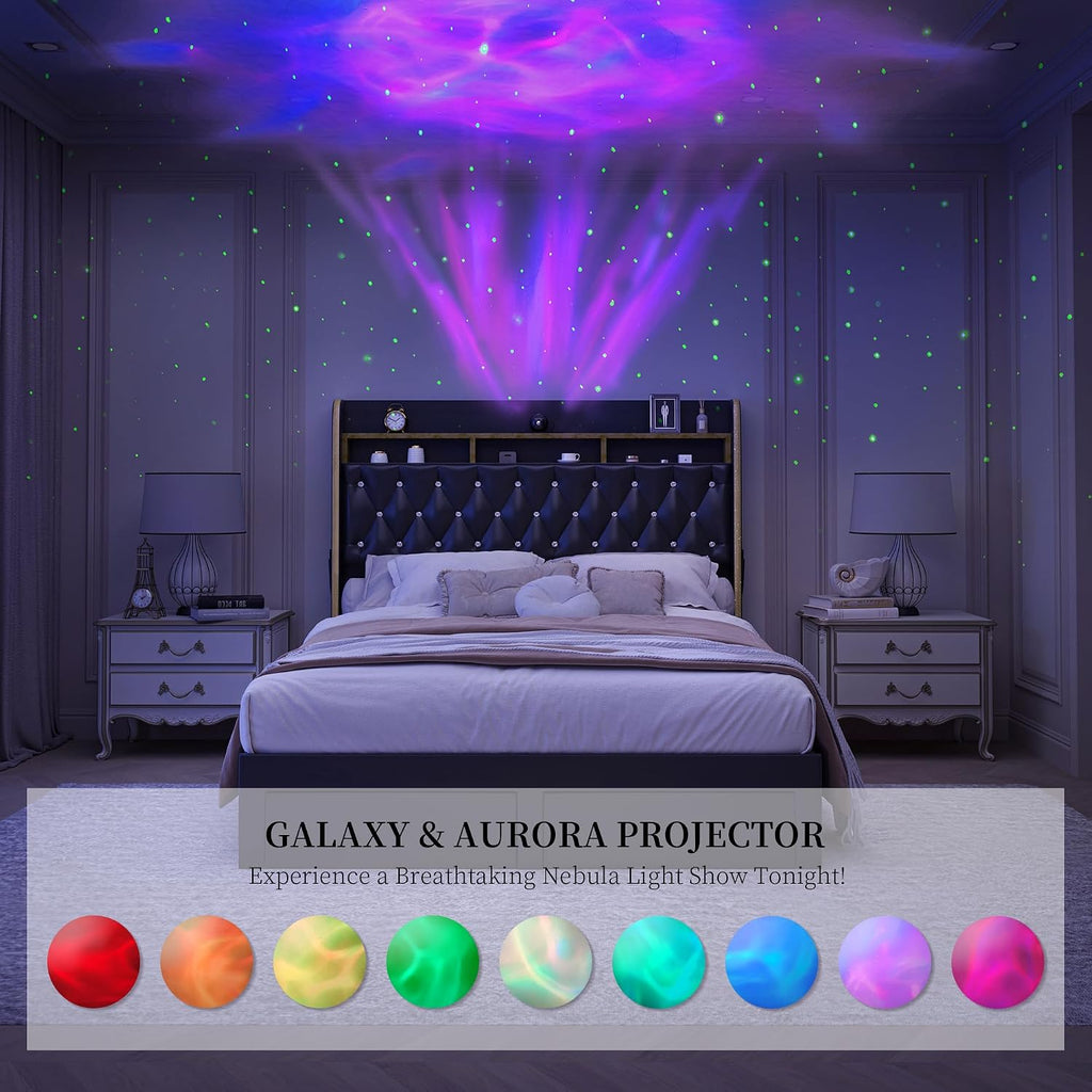 SIBEDS Queen LED Bed Frame with 2 Storage Drawers, PU Upholstered Platform Beds with Galaxy Star Projector Charging Station Speaker, Aurora Bedframe with 2-Tier Storage Headboard, Noise-Free, Black