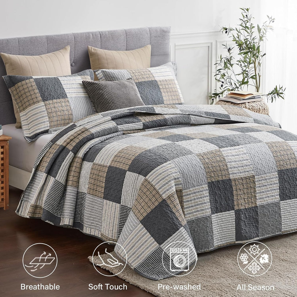 Finlonte King Quilt Bedding Set - 100% Cotton King Size Comforter, Plaid Quilted Bedspread Farmhouse Country Bed Spread, Lightweight Reversible King Quilt Sets All-Season, Gray/Brown/Black/White, 3Pcs