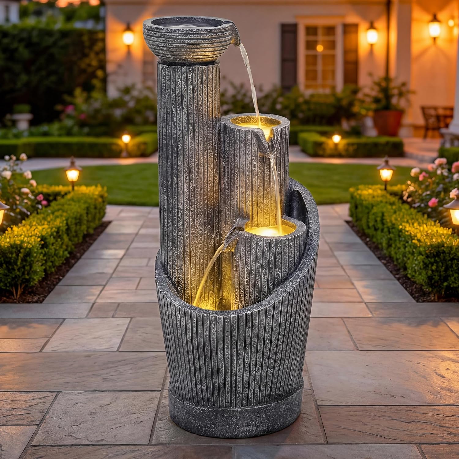 31' Modern Outdoor Water Fountain with LED Lights, 5-Tier Twist Pedestal Bowl Garden Fountain, Cascading Waterfall for Relaxing Garden, Patio, Backyard, Deck, Porch or Home Decor