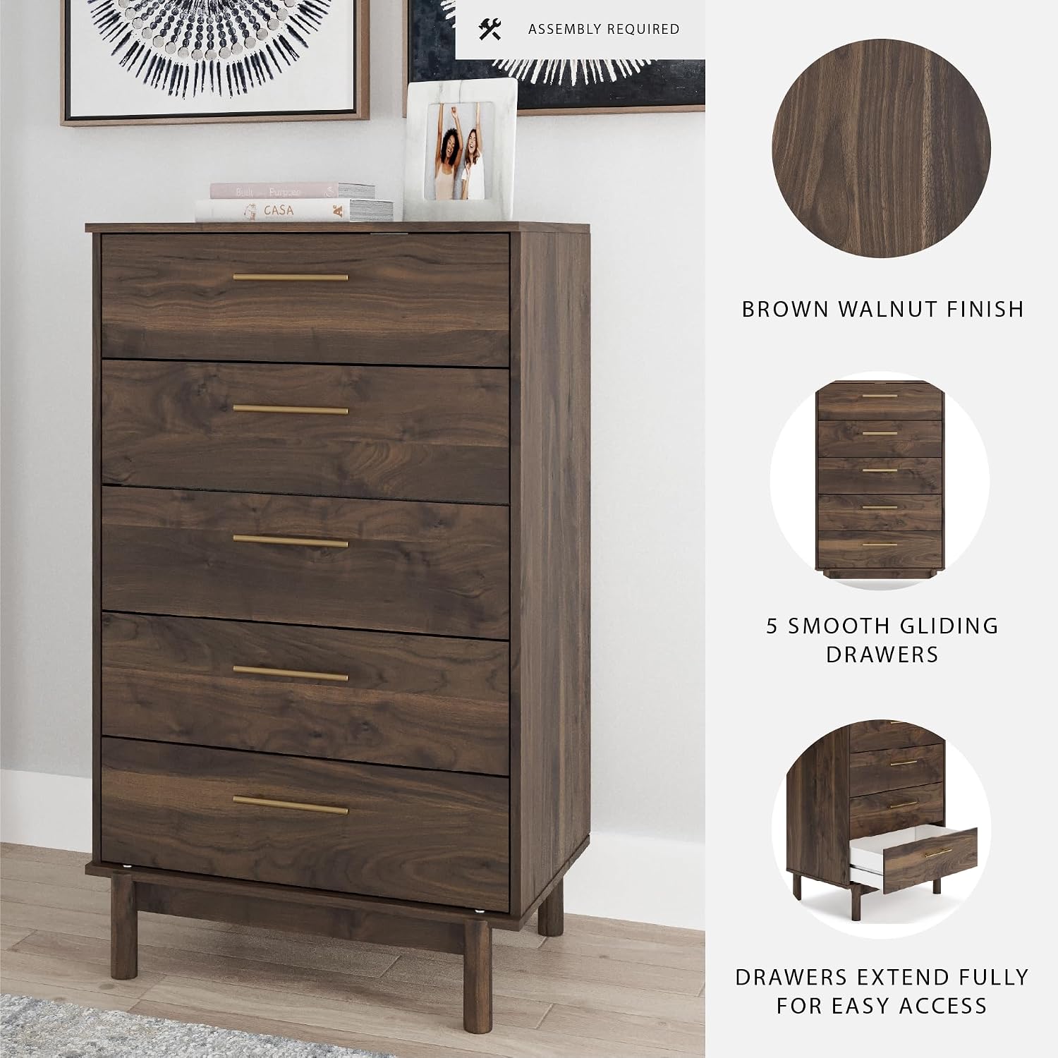 Signature Design by Ashley Calverson Contemporary 5 Drawer Chest of Smooth-Gliding Drawers and Safety Stop, Dark Brown